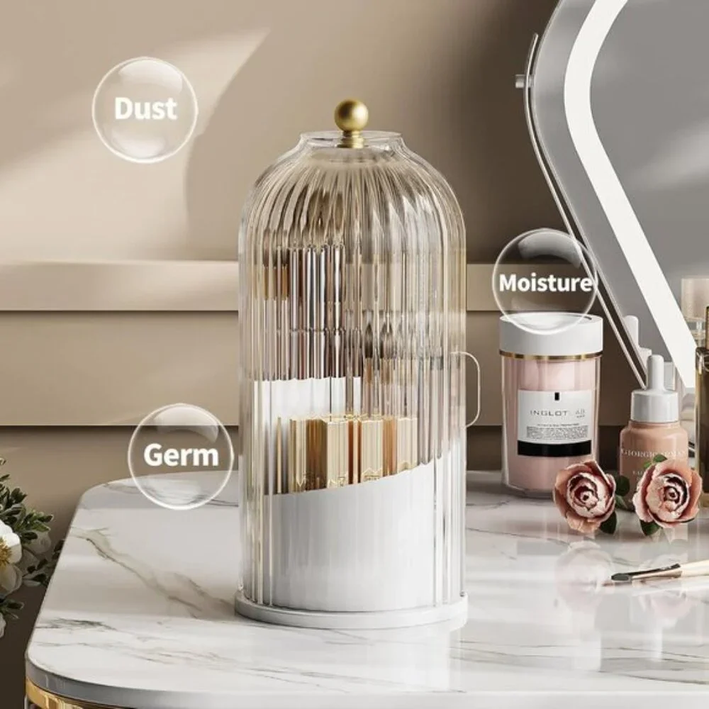 New 360° Rotating Makeup Brush Holder, Waterproof White-Clear Vanity Organizer